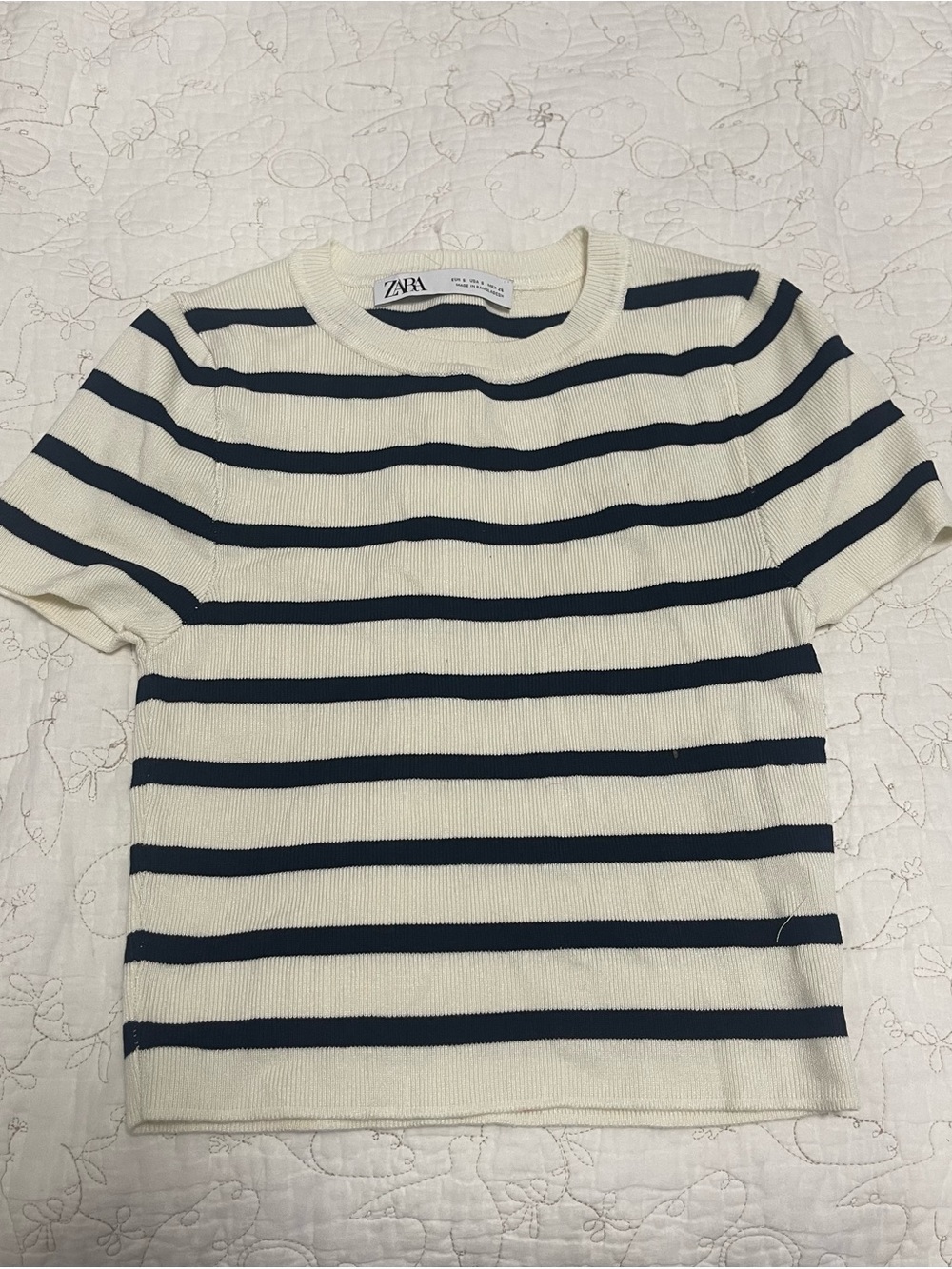 Zara Cream and black Seal Striped Short-Sleeve Knit Top